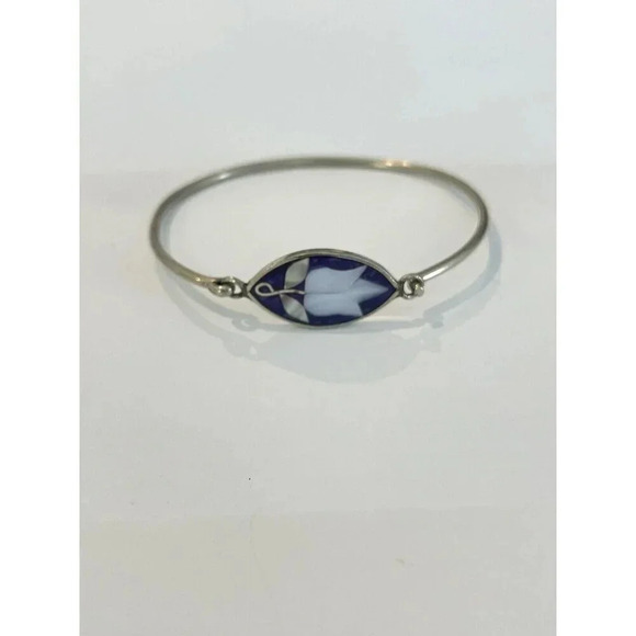 VTG Vintage Alpaca Silver Shell Inlay Bracelet 7.25” Bangle - Picture 1 of 8